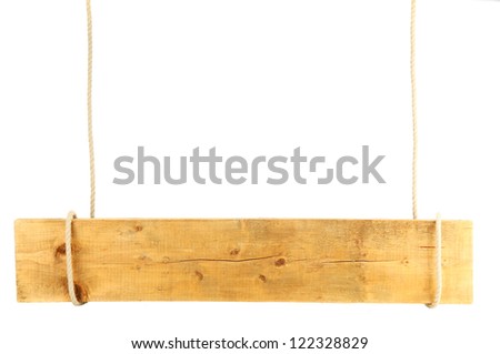 blank wooden sign hanging on rope, isolated on white