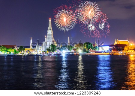 Fireworks at Wat Arun Ratchawararam Ratchawaramahawihan Public Landmark in Bangkok 