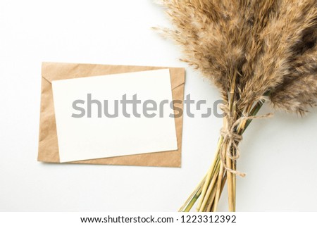 Minimalistic card mockup with reed flower, craft envelope, blossom, flat lay, top view
