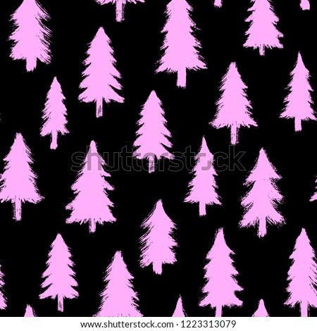 Seamless pattern with pink trees isolated on black background. Doodle style grunge shapes.