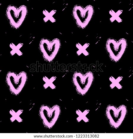 Seamless pattern with pink hand-drawn in ink messy hearts and crosses isolated on black background. Doodle style abstract grunge texture.