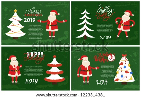Merry Christmas and Holly Jolly Set of postcards with Santa Claus. Vector cartoon character and Xmas tree decoreted with topper star, colorful ribbons