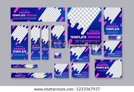 Set of vector web banners with blue gradients, pink design elements and place for photo. Templates standard sizes. Royalty-Free Stock Photo #1223367937