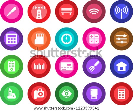 Round color solid flat icon set - antenna vector, credit card, calculator, pen, garden fork, bench, clock, barcode, camera, radio phone, tuning, sd, wireless, eye id, smart home, remote control