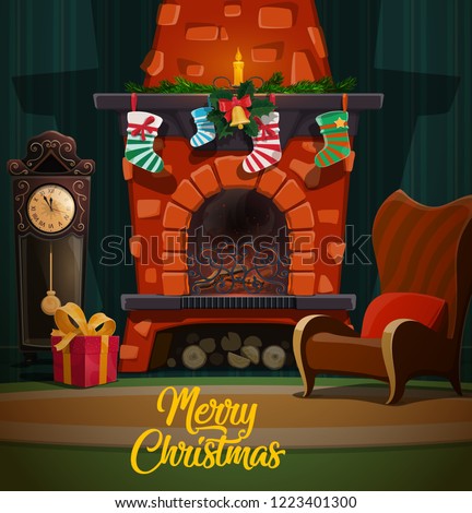 Christmas fireplace in room interior with Xmas and New Year winter holidays gifts, Santa stockings and fir tree garland, chairs, clock and candle, holly and bell. Merry Christmas vector design Royalty-Free Stock Photo #1223401300