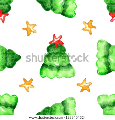 
Watercolor Christmas tree seamless pattern, fir-tree and stars isolated on white background. It is perfect for Cristmas cards or wrapping paper, design, background, wallpaper, textile. 