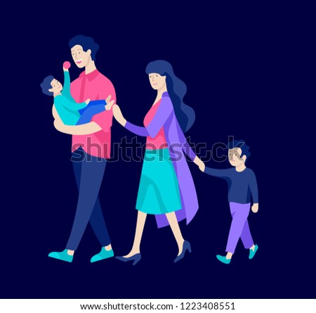Family spend time together, happy parents with children. Vector people character. Editable outline stroke size. Colorful flat concept illustration.
