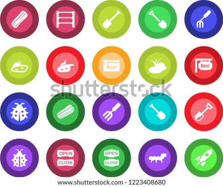 Round color solid flat icon set - job vector, garden fork, shovel, lady bug, caterpillar, pond, rack, rent, bacon, open close, rocket