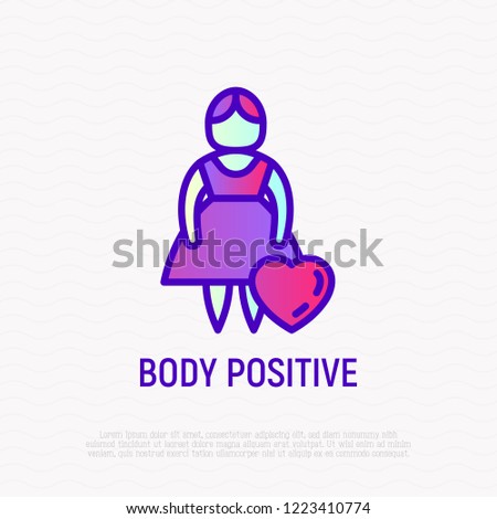 Body positive thin line icon: woman size plus with heart. Modern vector illustration.