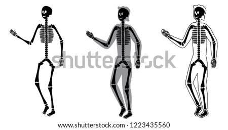 Body silhouette, skeleton and bones inside body, skeletal system flat illustrations set in modern style. Educational anatomy materials. medical center, clinic, institute, rehabilitation, diagnostic