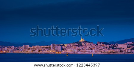 Marseille panorama from Frioul archipelago, Basilique de Notre-Dame de la Garde. Marseille, Provence-Alpes-Cote d'Azur, France.