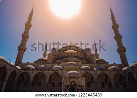 The Blue Mosque Istanbul, Turkey. Sultanahmet Camii. under bright sun.