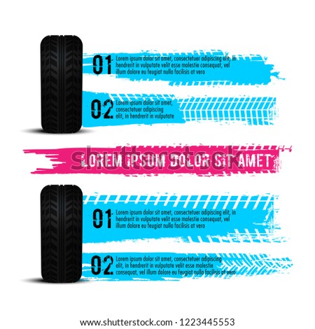 Automobile tire tracks vector illustration. Grunge automotive element useful for poster, print, flyer, report, leaflet design. Editable graphic image in bright color isolated on a white background.
