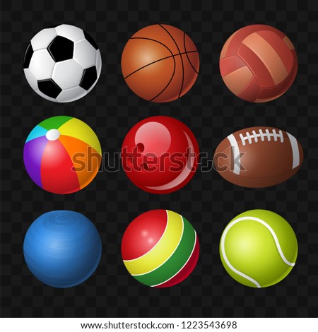 Balls - modern vector realistic isolated clip art on transparent background. Equipment for different sport games, football, soccer, basketball, baseball, volleyball, beachball, bowling, tennis and toy