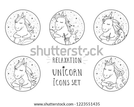 Vector set of black icons with hand drawn cute unicorns. Text - RELAXATION on withe background. For your design. Cartoon style. 