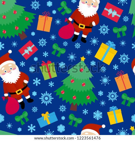 Santa seamless pattern, repeat Christmas tile, dark blue background, new year elements fir tree, ribbon bow, snowflakes, gift boxes, backdrop for card, cover design, wrapping paper or textile print.