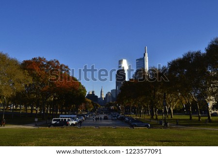 Road and city scape from Philadelphia on a Fall day