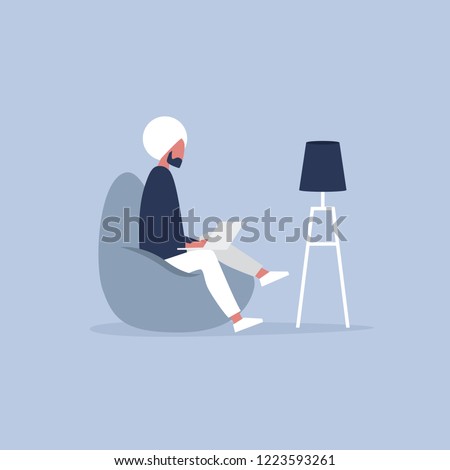 Office furniture. Young indian manager sitting on the bean bag chair. Daily life. Flat editable vector illustration, clip art