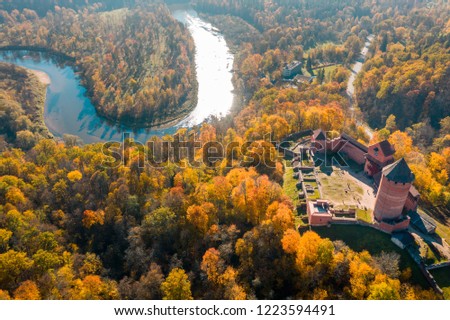 Amazing Aerial View over the Turaida Castle during Golden Hours, Sunset Time, Sigulda, Latvia, Touristic Place, Beautiful Wallpaper