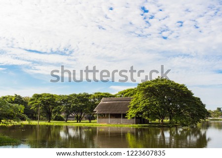 Rice straw storage house among the big trees on the center of picture and reflection in the lake with cloudy sky background