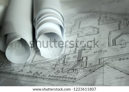 Architectural Drawing Photo. Architectural Project Lies on a Table.