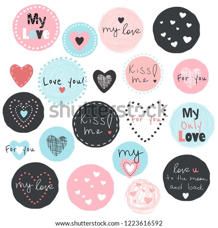 Huge pack of vector circle and heart shaped cliparts for your projects: stickers, bullet journals, scrapbooking tags, etc.  Royalty-Free Stock Photo #1223616592