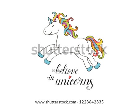 Fun cute smiling white baby unicorn with mane and tail of rainbow colour  and original calligraphic lettering. Vector background.

