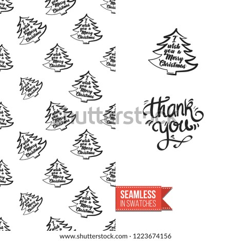 Christmas greeting card in scandinavian flat art style decorated by seamless pattern background. Inscription: thank you. Hand drawn vector template.