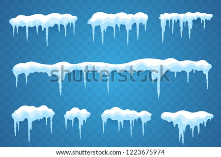 Snow icicles set isolated on transparent background. Snowcap borders. Vector snowy elements. Hanging icicles in flat style. Decoration for winter design. Royalty-Free Stock Photo #1223675974