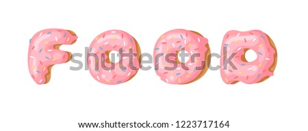Cartoon vector illustration donut and word FOOD. Hand drawn drawing sweet bun. Actual Creative art work bake