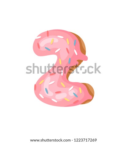 Cartoon vector illustration Donut Number 2. Hand drawn font with sweet bun. Actual Creative art bake alphabet 