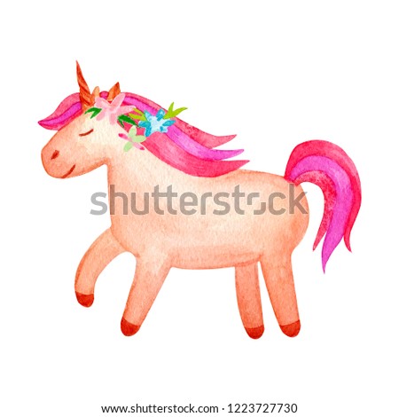Cute watercolor unicorn clipart isolated on white background. Beautiful watercolor unicorn illustration. Magic trendy pink cartoon horse perfect for nursery print and poster design. Princess unicorns.