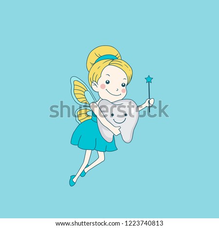 Cute smiling tooth fairy flying with tooth