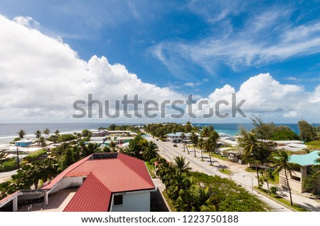 Majuro town centre aerial view, Central Business district, Marshall Islands, Micronesia, Oceania, South Pacific Ocean. Delap, Uliga, Djarrit villages. Azure turquoise atoll lagoon, blue tropical skies Royalty-Free Stock Photo #1223750188