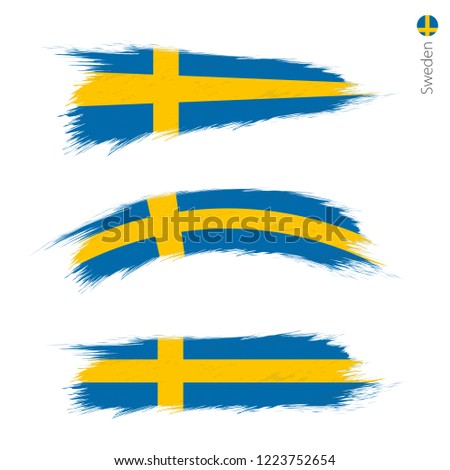 Set of 3 grunge textured flag of Sweden, three versions of national country flag in brush strokes painted style. Vector flags.