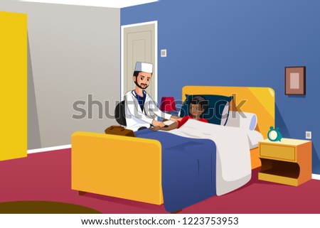 A vector illustration of Muslim Doctor Checking on a Boy