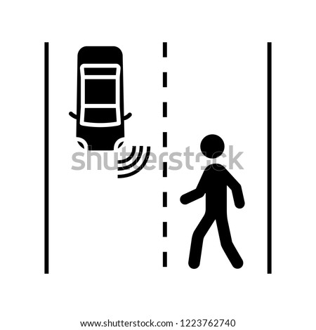 Autonomous car detecting pedestrians glyph icon. Driverless auto on the road. Self driving automobile tracking objects position with video camera. Silhouette symbol. Vector isolated illustration