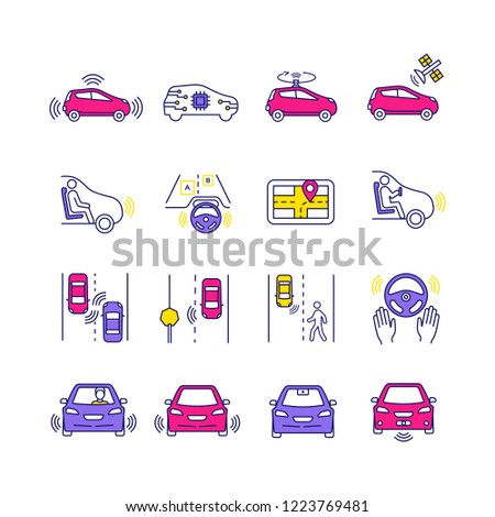 Autonomous car color icons set. Intelligent auto detecting other vehicles, road signs, pedestrians. Driverless car sensors. Self-driving automobile GPS. Isolated vector illustrations