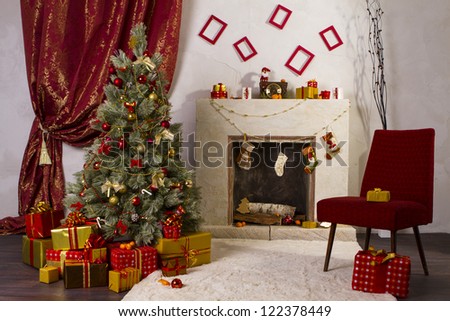 Beautiful Christmas room with fireplace.