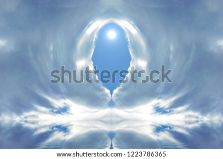 entrance to heaven clouds water reflection in the center window in the blue sky shining sun ticket to Paradise