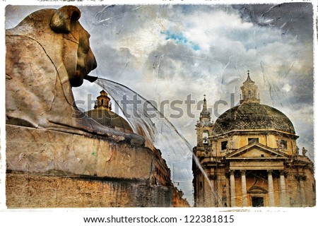 Rome' fountains, piazza dei Popolo, artistic vintage picture