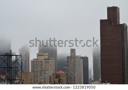Skyline of NYC Manhattan from Mid-Town on a Misty Cloudy Day