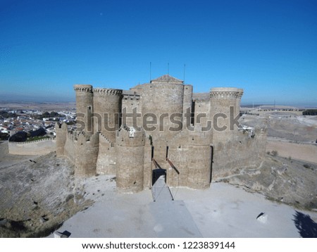 Castle of Belmonte from the air. Cuenca, Spain. Drone photo