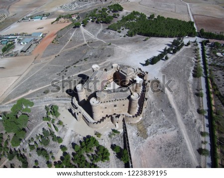 Castle of Belmonte from the air. Cuenca, Spain. Drone photo
