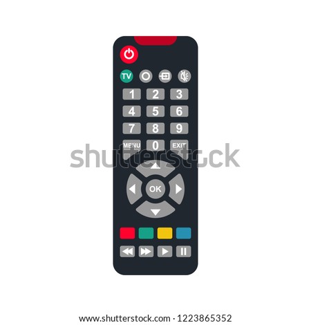 Remote control flat icon. Remote for TV or media center. Device for films cinema video. Leisure at home. Vector illustration cartoon design. Isolated on white background. Buttons to control player. Royalty-Free Stock Photo #1223865352