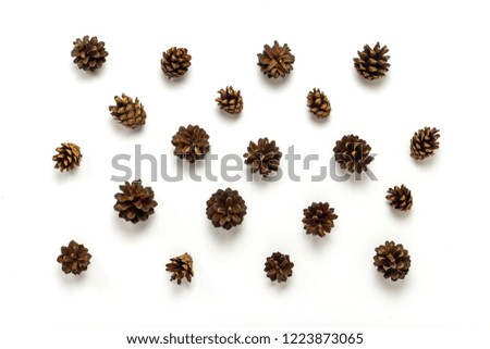 Pine cones on a white background. Concept of Merry Christmas and Happy New Year. Minimalism. Flat lay, top view