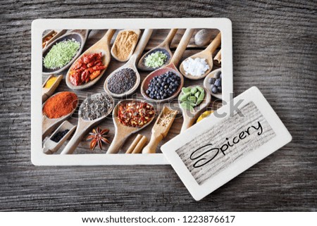 Spices and wooden background  - Label