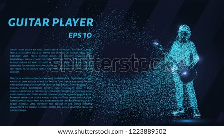 Guitarist glowing blue particles. Guitarist crumbles to the point
