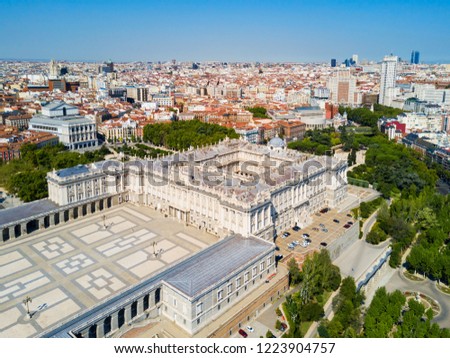 The Royal Palace of Madrid aerial panoramic view. Palacio Real de Madrid is the official residence of the Spanish Royal Family in Madrid, Spain