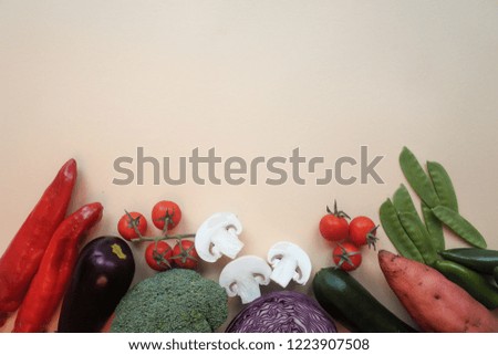 Organic food background. Food photography different vegetables isolated light background. Copy space.